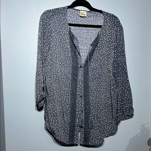 COMO Vintage Polka Dot Blouse - Navy Blue V-Neck Lace Trim Size M
